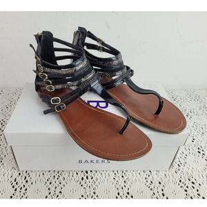 BAKERS Faux Snake Skin Gladiator Buckles Zip Sandals Flats Shoes Black Brown 7.5